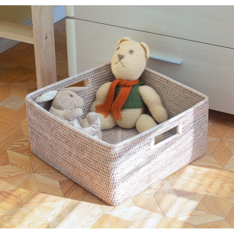 Hand-Woven Rattan Rectangular Basket with Handles, White Wash