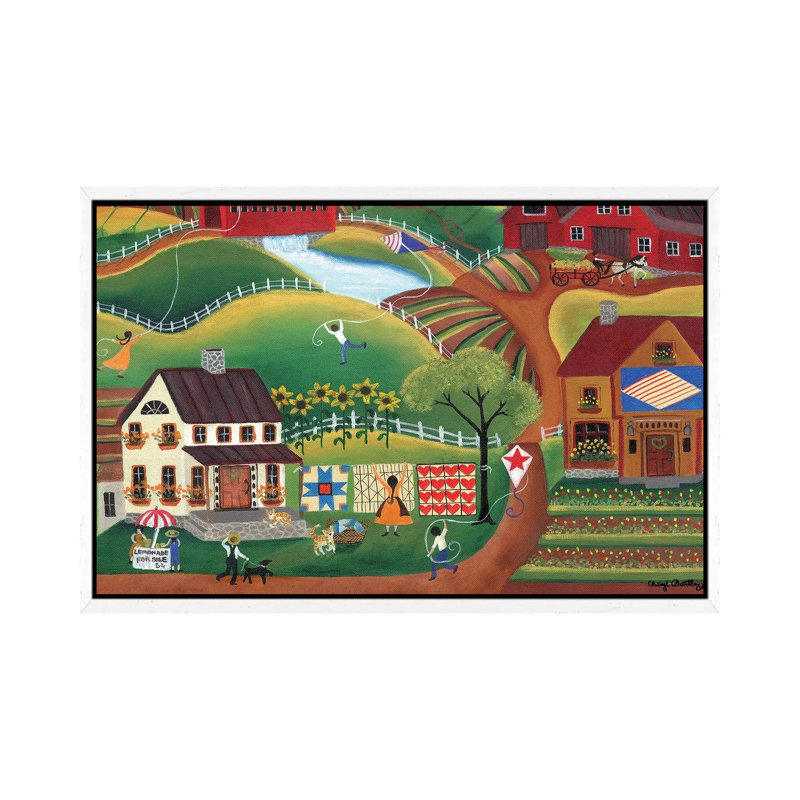 Country Kite Quilt Lemonade by Cheryl Bartley - Painting on Canvas, 45.72cm H x 66.04cm W x 3.81cm D, White Framed