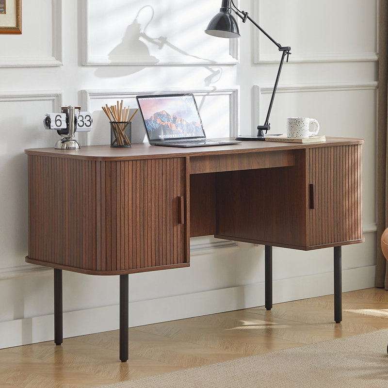 55'' Computer Desk With 2 Storage Cabinets, Mid Century Executive Desk With Charging Station, Modern Home Office Large Desk With Adjustable Metal Legs