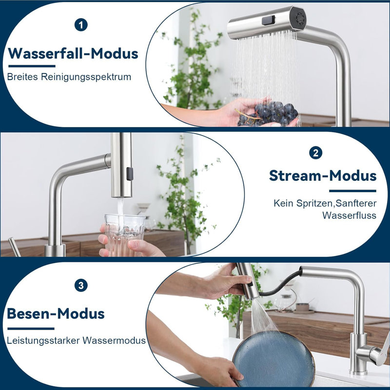 Kitchen faucet pull-out - Waterfall mixer tap with shower sink faucet 360° rotatable faucet with 3 spray types sink kitchen faucet brushed stainless steel