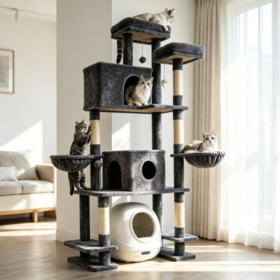 Tour multi-chats de 78,7 po de hauteur, arbre à chat d'intérieur avec condos doubles, hamacs moelleux, poteaux à griffer en sisal, jouets interactifs, base divisée pour bac à litière automatique