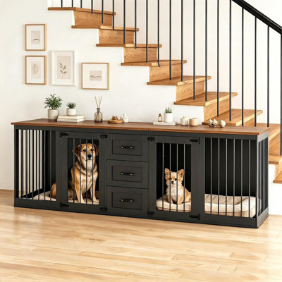 Cage pour chien de style meuble 92,8 po pour 2 chiens, double chenil avec 3 tiroirs de rangement et cloison, meuble télé de ferme pour chiens de taille moyenne