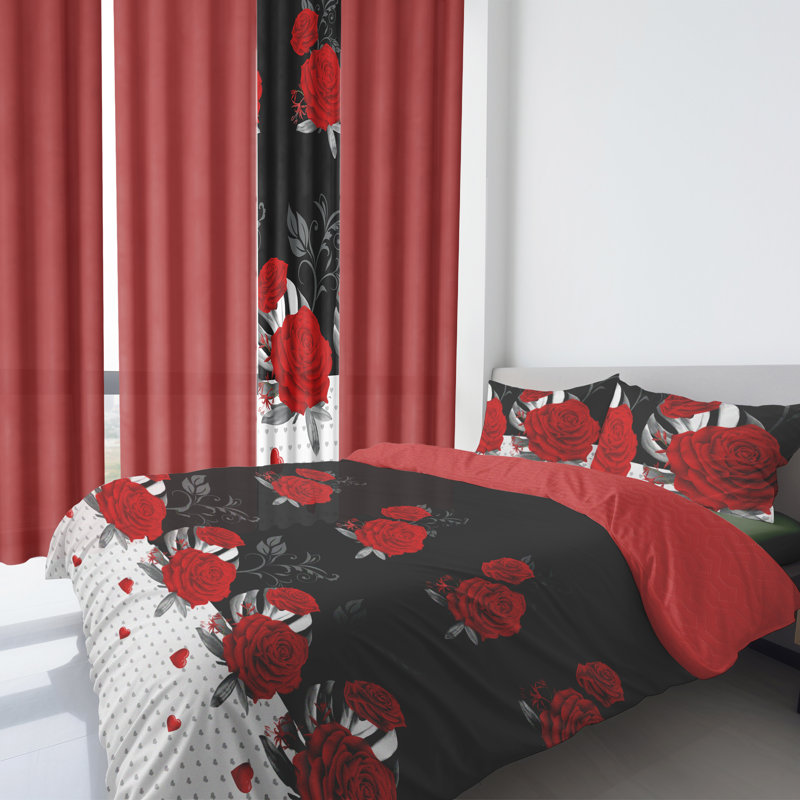 Ensemble d'édredon pour grand lit 9 pièces, lit de luxe toutes saisons dans un sac pour la chambre à coucher, avec rideaux assortis, microfibre douce, pivoine rouge