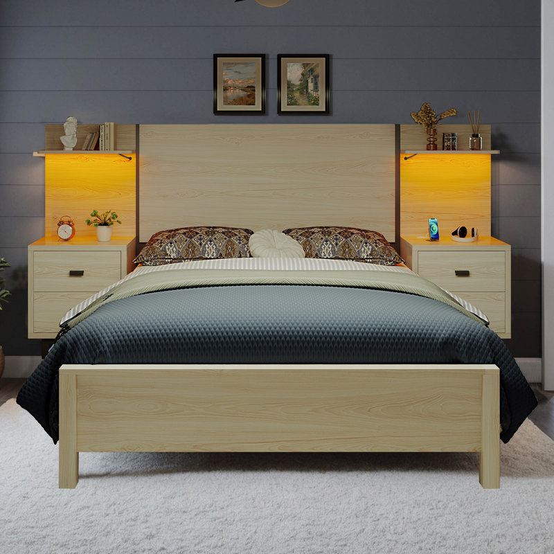 Queen Size Bed Frame with 104" Wide Headboard & Storage Ngihtstands & LED Light, White