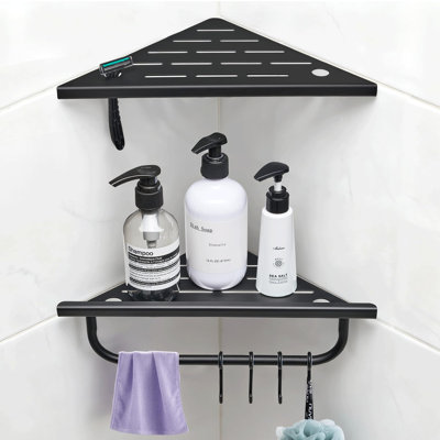 10-Inch Stainless Steel Shower Corner Rack With Towel Bar And Hooks, 2-Pack - Matte Black