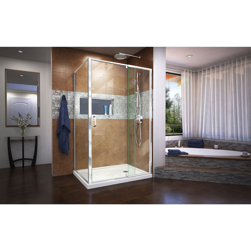 Flex 48" x 74.75" Rectangle Pivot Shower Enclosure with Base Included, Chrome/White, Right