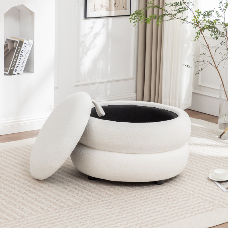 Round Coffee Table With Storage, White Teddy