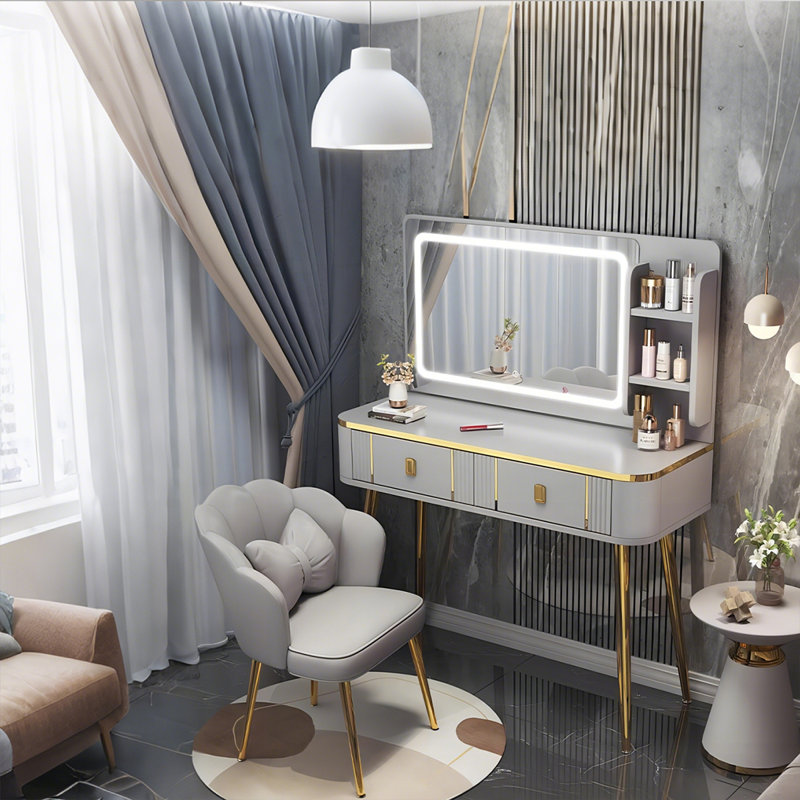 39.37"Light Luxury Gray Vanity With Mirror And Stool