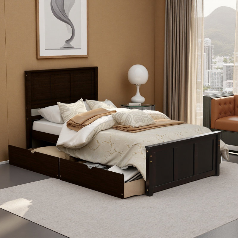 Lit plateforme simple avec 2 tiroirs, Brun