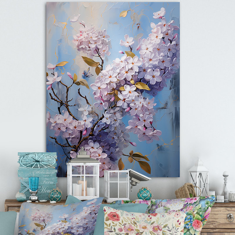«Lilas mauve et bleu» en fleurs sur toile, Toile tendue, H 32 po x l 16 po