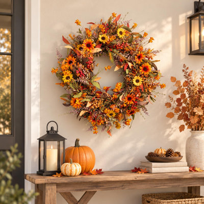 Couronne d'automne 24 po avec baies et feuilles de tournesol pour porte d'entrée