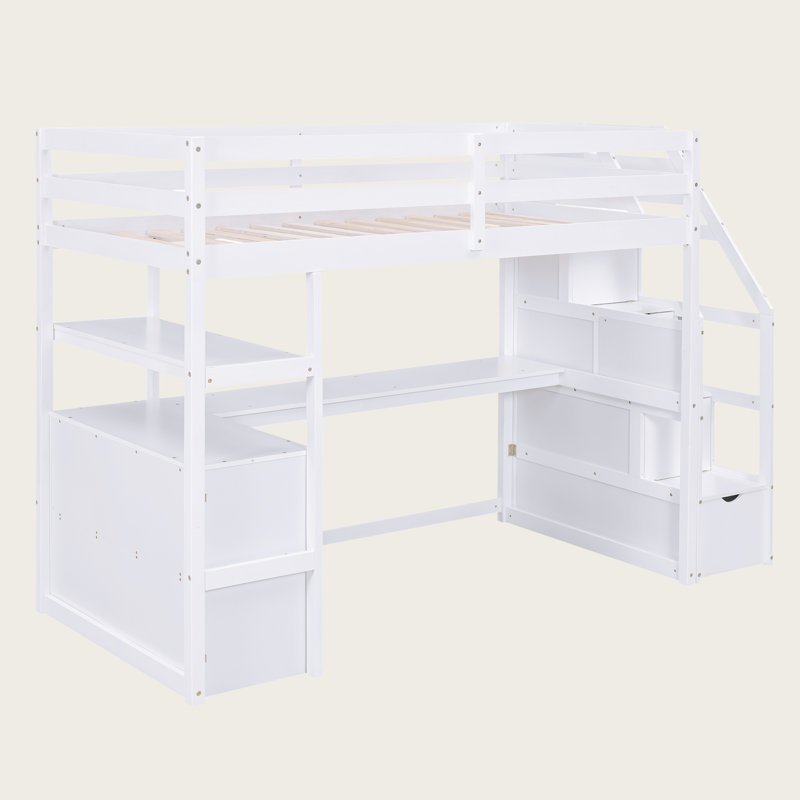 Lit mezzanine en bois massif avec bureau, tablettes, escalier de rangement et deux tiroirs intégrés, Simple, Blanc