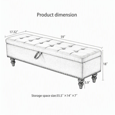 Banc de lit 59 po avec rangement en tissu gris