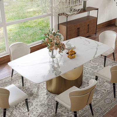 Hobart Modern White Rectangular Sintered Stone Dining Table with Pedestal Base