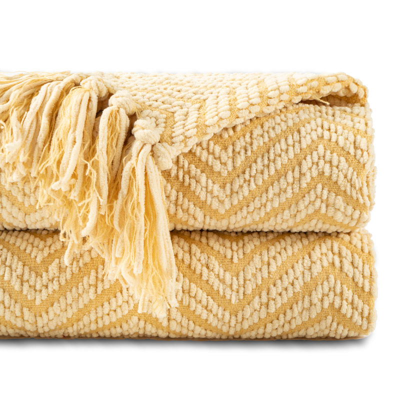 Yellow Knitted Chenille Throw Blanket, 130cm x 150cm