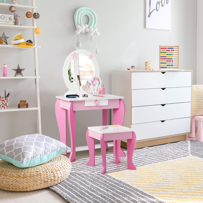 Kids Vanity Set with Mirror, White/Pink
