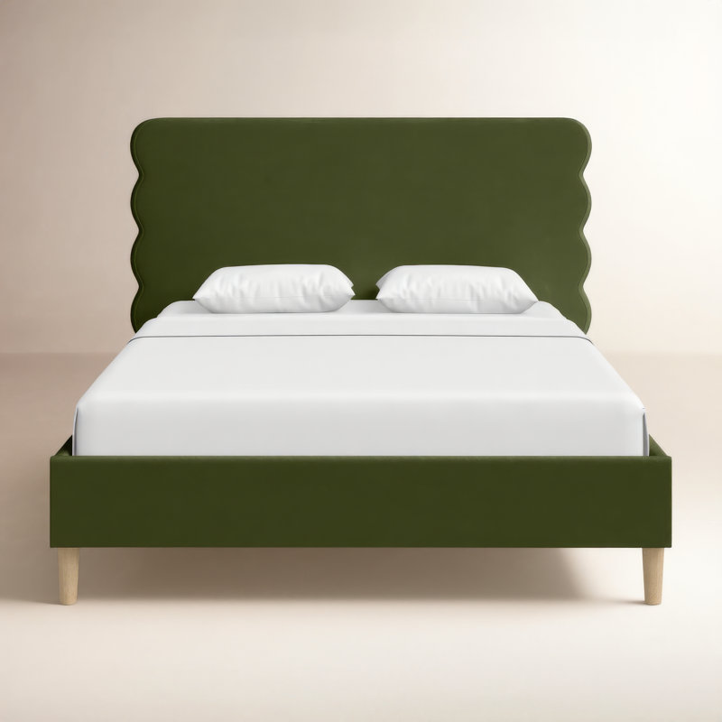Henley Upholstered Scalloped Bed, Olive Green Velvet, Queen