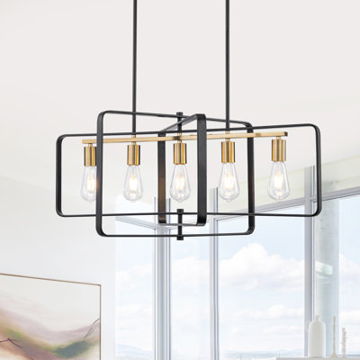 Lustre géométrique moderne à 5 lumières pour îlot central, suspension linéaire noire mat et laiton doré pour salle à manger, avec structure en fer à 3 bras, culot E26.