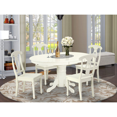 5 Piece Dining Room Furniture Set Includes an Oval Kitchen Table with Butterfly Leaf and 4 Dining Chairs, Linen White