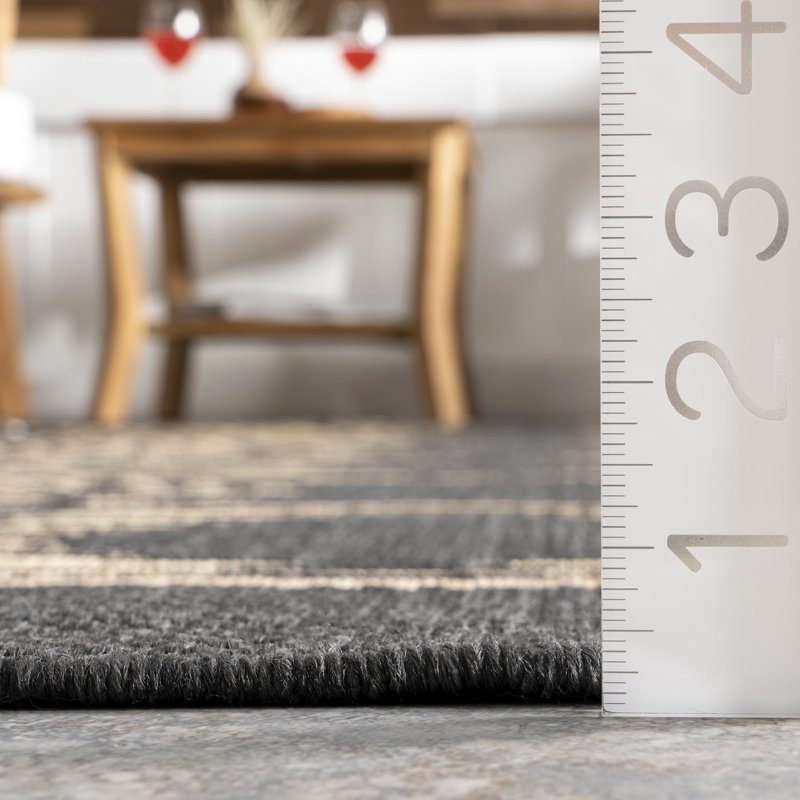 Tribal Indoor/Outdoor Area Rug, Round 8', Dark Gray/Ivory