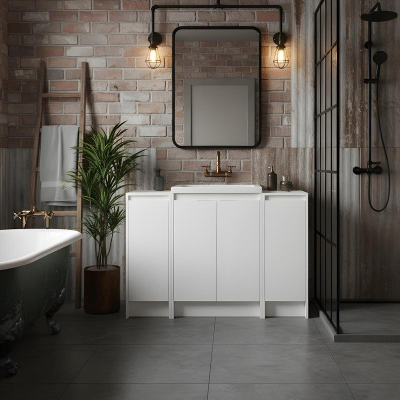 Meuble-lavabo autoportant avec lavabo en résine et deux armoires de rangement