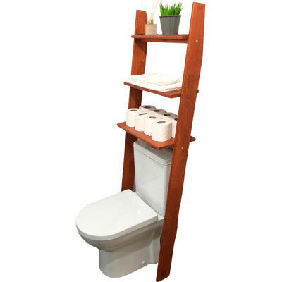 Over The Toilet Birch Wood Bathroom Organizer Shelves, 3-Tier Freestanding Above Toilet Storage Ladder Shelf, Standing Space Saver Behind Toilet Small Bathroom Organizer (Chestnut)