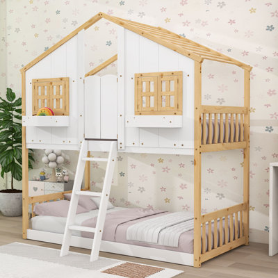 Lit simple superposé simple en bois avec échelle, fenêtres décoratives et porte