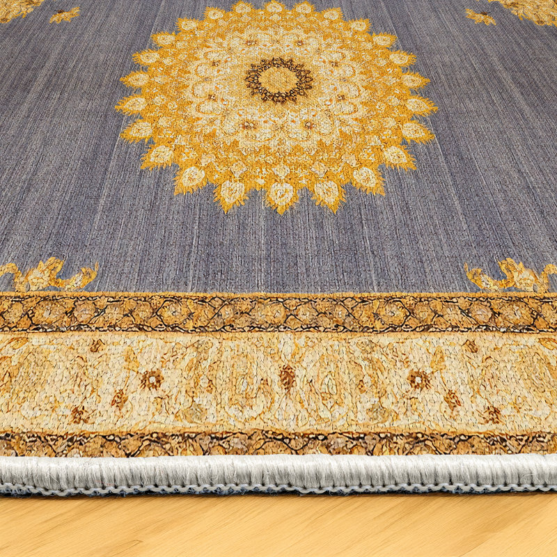 Girvin Yellow Gray Oriental Machine Printed Cotton Polyester Area Rug, Round 3'4"