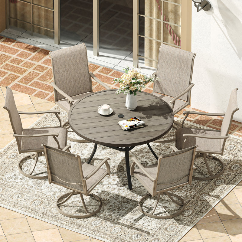 Calva Round Metal Outdoor Dining Table With Umbrella Hole , 47.2'' in. W 47.2'' in. D, Gray Woodlike/Black