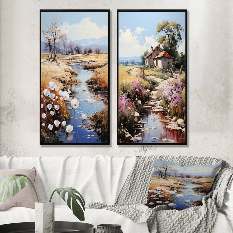 «Countryside Small River Reverie», ensemble de 2 reproductions d'art mural, Cadre noir, H 32 po x l 33 po