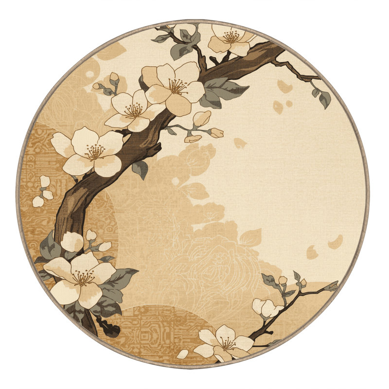 Tapis floral cerisier traditionnel lavable à la machine Ortencia, Rond 3 pi