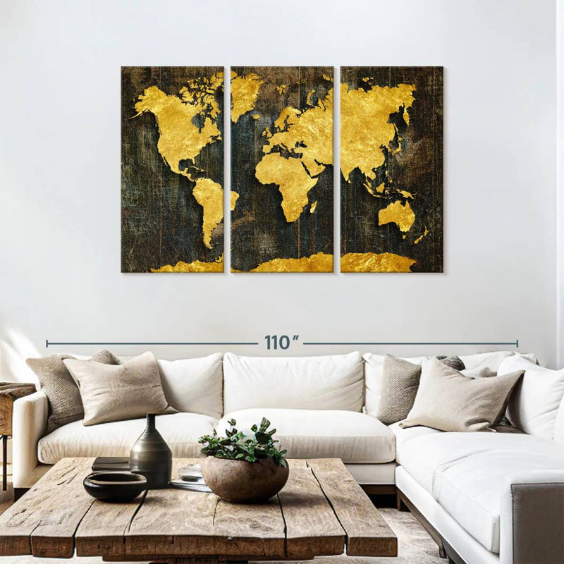 " Refined Gold World Map " by HustleBroIllustrations 3 - Pieces, 48" H x 74" W x 1.25" D