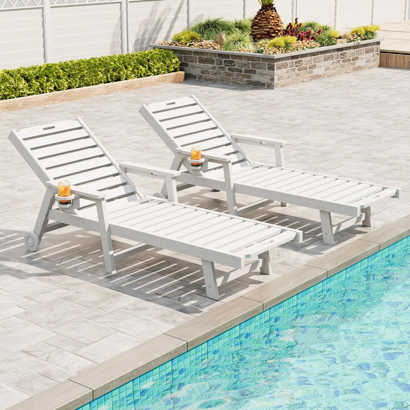 Chaise longue d'extérieur 2 pièces avec dossier réglable à 5 positions et accoudoirs, porte-gobelet amovible et roulettes amovibles