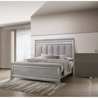 Modern Glam Style Upholstered Headboard LED Light Silver Strip Inlay Edges Light Gray Finish 1pc King Size Bed Wooden Bedroom Furniture