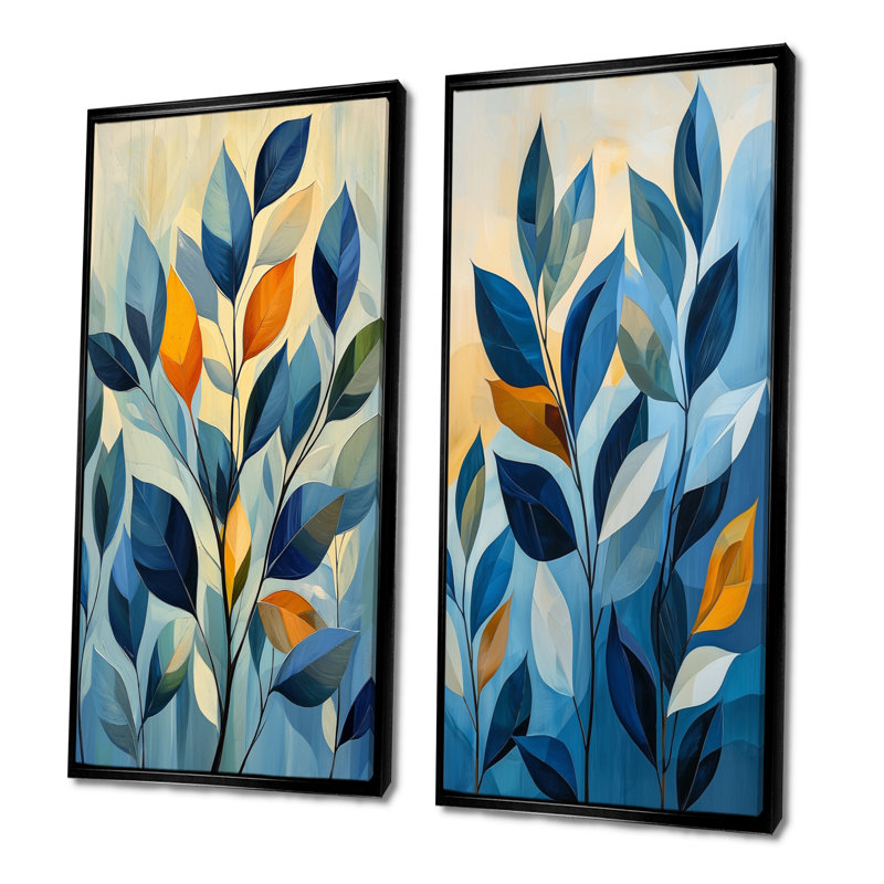 Ensemble de 2 pièces d'art mural Mid-Century bleu et orange I - Minimalisme, H 40 po x l 40 po, Cadre flottant noir