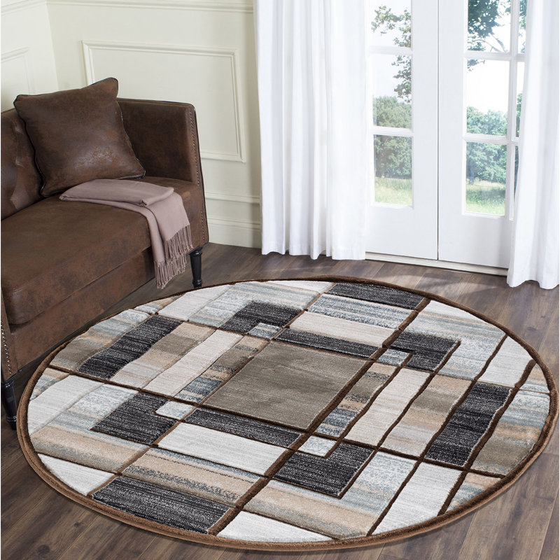 Tapis brun à motif géométrique Adonia, Rond 5 pi 2 po