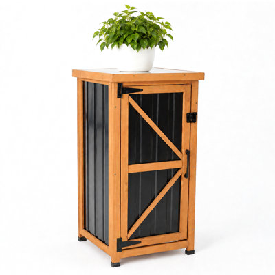  Metal Outdoor Storage Cabinet with Lockable Doors, Small Patio Storage Shed for Garden Tools, Weatherproof Black Potting Bench Station with Adjustable Shelves for Backyard