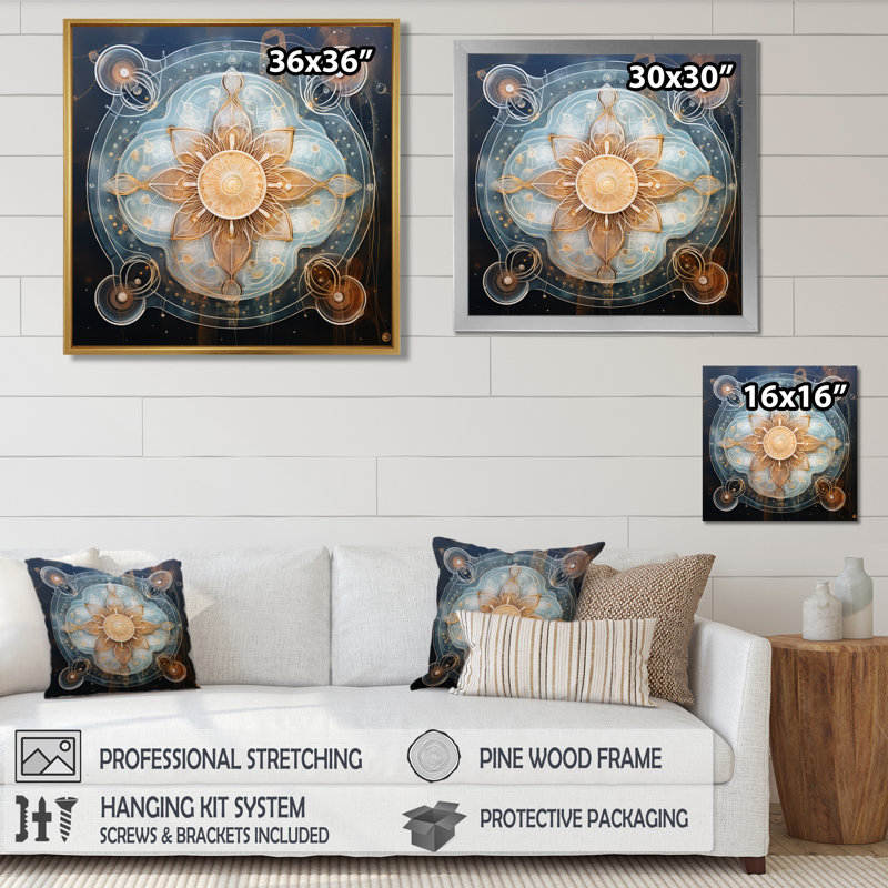 «Mystical Blue Flower - Boho Mandala», reproduction d'art, Toile avec cadre flottant noir, H 16 po x l 16 po x P 1 po