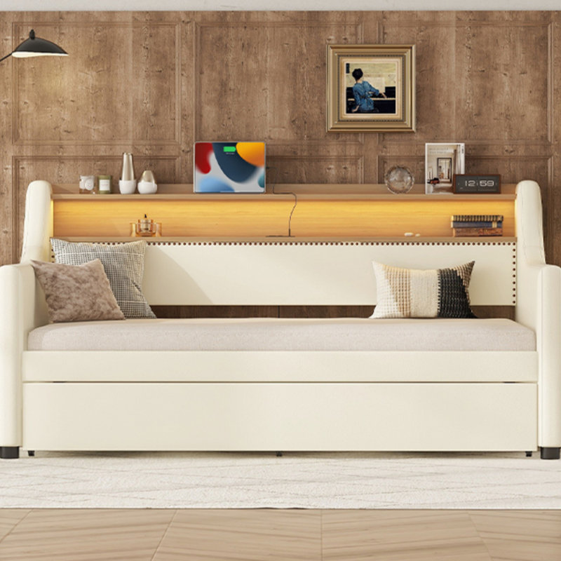 Twin Size Daybed With Trundle, Upholstered Daybed With Charging Station And LED Lights, White
