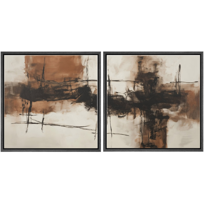 «Warm Brown», impression abstraite de forme neutre encadrée dans la chambre des maîtres, 2 pièces, Cadre flottant noir