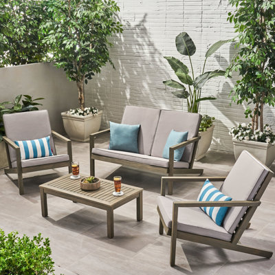 Ensemble de conversation extérieur 4 pièces en bois, design contemporain, coussins d'eau, couleur beige, profondeur 117,5 cm, largeur 88,8 cm, hauteur 77,1 cm, poids 51,5 kg, assemblage requis.