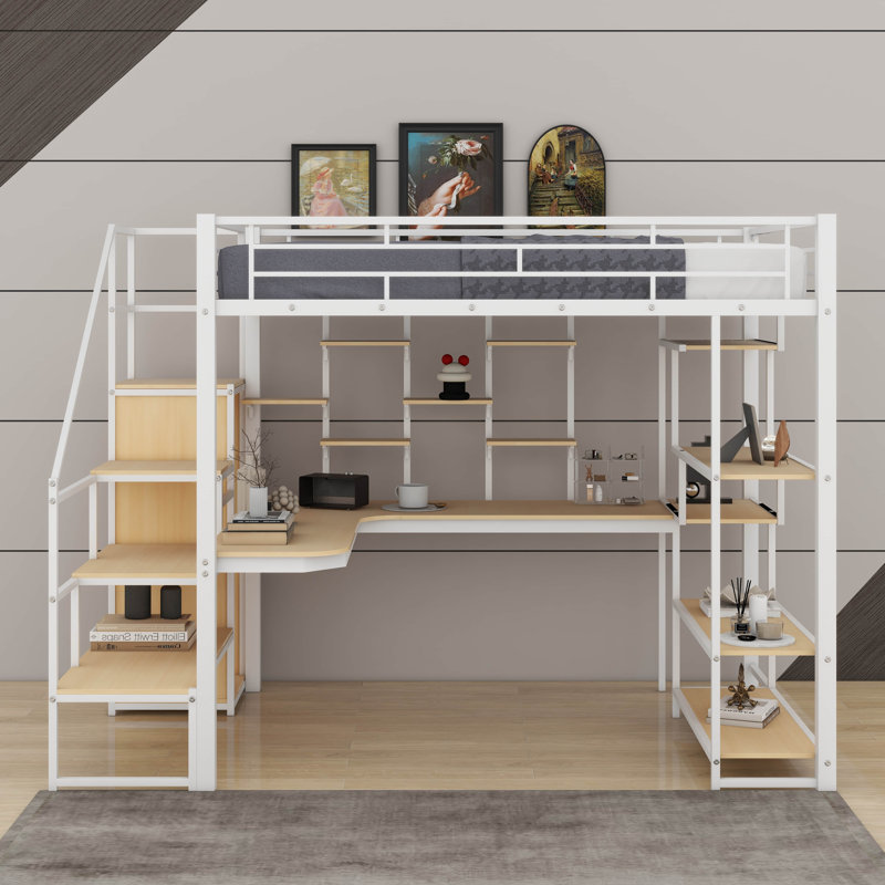 Lit mezzanine double en métal avec escalier de rangement et garde-robe, bureau intégré et tablettes de rangement, Blanc