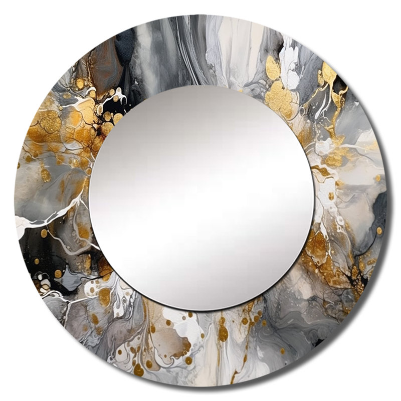 Grey Gold Delicate Abstract Brushstrokes IV - Abstract Marble Round Mirror Wall Decor_MTMIR59781, 29" x 29"