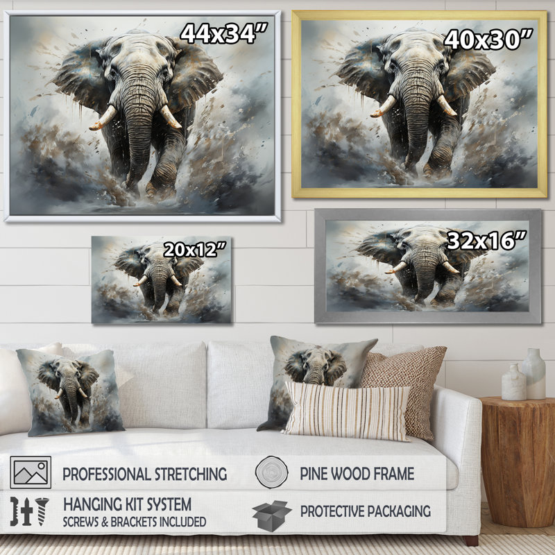«Elephant Symphony Stampede», reproduction sur toile, H 12 po x l 20 po x P 1 po, Cadre doré simple