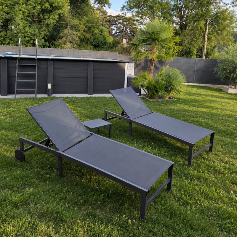 Chaise longue d'extérieur inclinable en aluminium avec roulettes et table pour chaises longues inclinables, gris