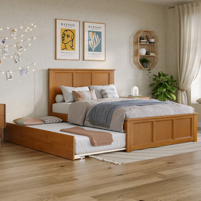 Lit plateforme en bois massif Amison avec pied de lit et gigogne assortis, Full / Double, Caramel clair