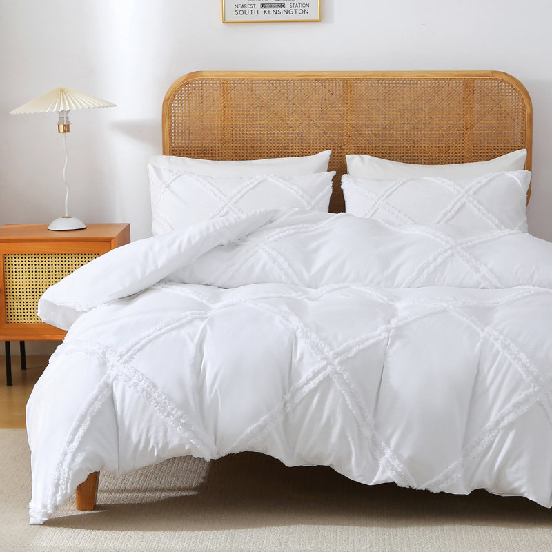 Solayne Boho Tufted Duvet Cover Set – Textured Geometric Pattern, Corner Ties & Zipper Closure, White