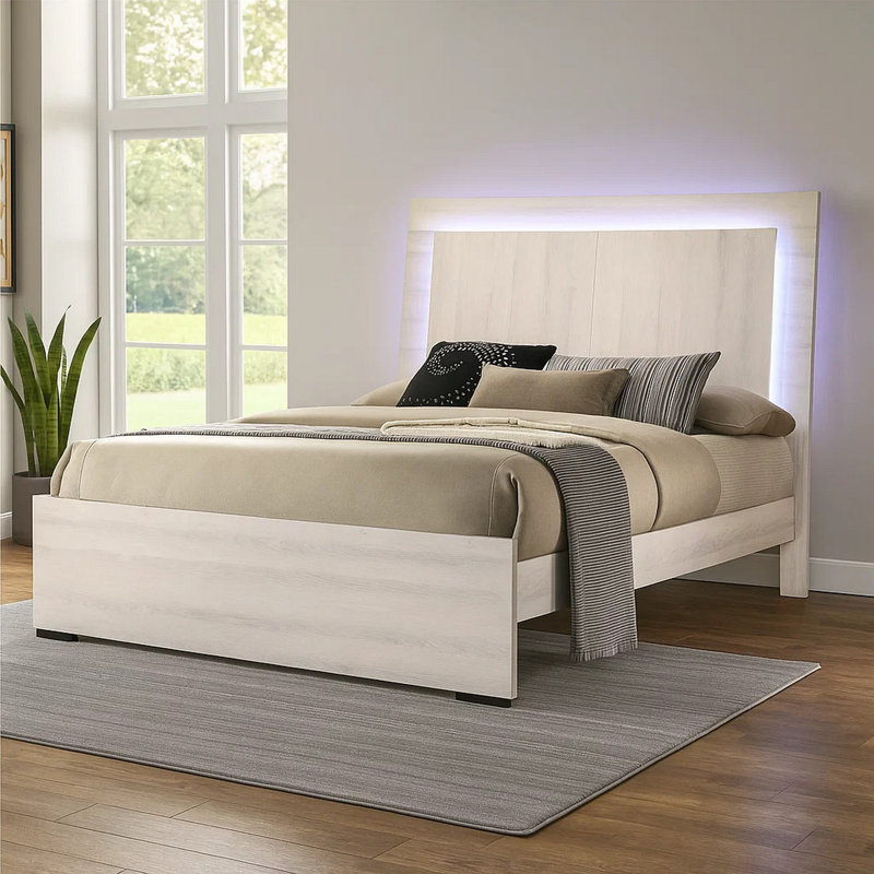 Lit double Hyao avec tête de lit à DEL et fini blanc antique délavé, Grand