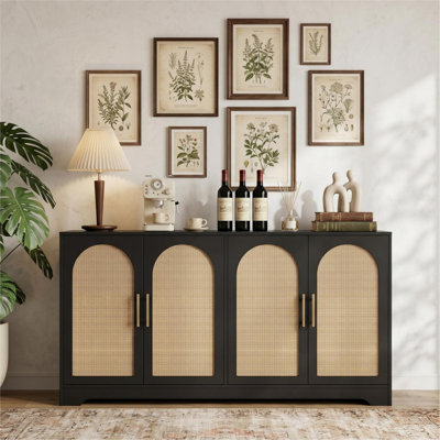 Buffet 59 po en rotin 59 po - Armoire de rangement avec 4 portes, console moderne, armoire et bar pour salon, cuisine, noir