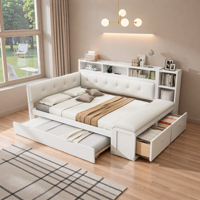 Comfortable Daybed With Trundle, Storage Shelves, Bench, Charging Station And Upholstered Headboard